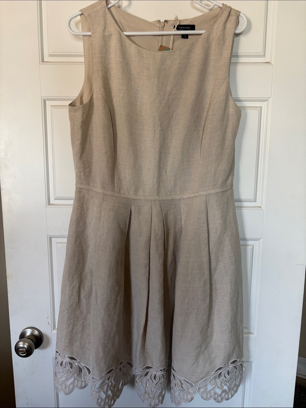 Tahari Beige Sleeveless Fit-and-Flare Dress with Laser-Cut Hem